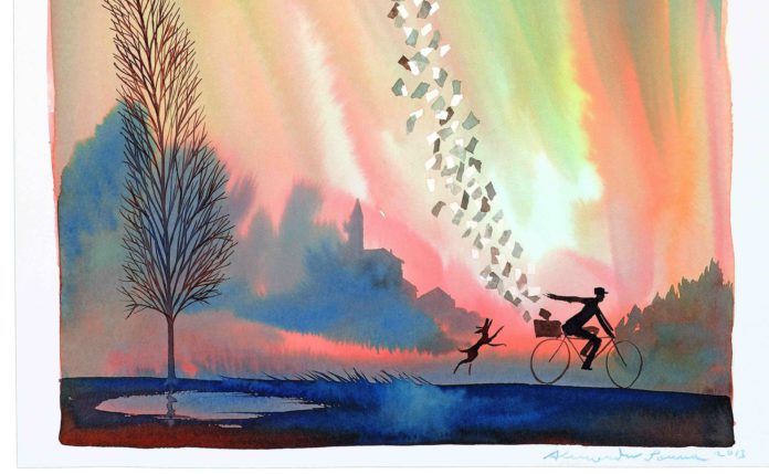 Gennaio-febbraio: «un postino in bicicletta come un Jaques Tati a colori che libera corrispondenze volanti». Alessandro Sanna ha firmato il calendario 2014.